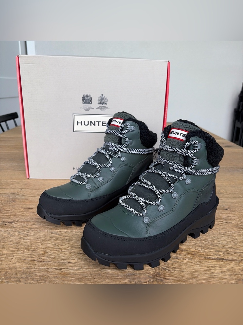 Hunter Olive Green and Black Rugged Lace-Up Boots